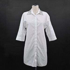 Alice + Olivia White Button-Down Shirt Dress with Studded Collar